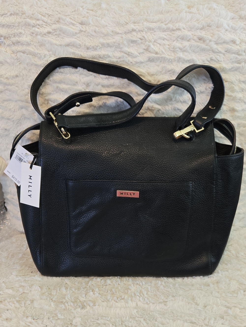 Milly Black Leather Shoulder Tote with Gold Accents Retail 415.00